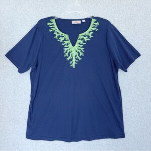 Quacker Factory Womens Top Large Blue Green Embroidered Short Sleeve T Shirt Tee
